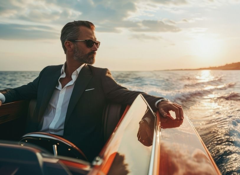 A father and a son on a boat
